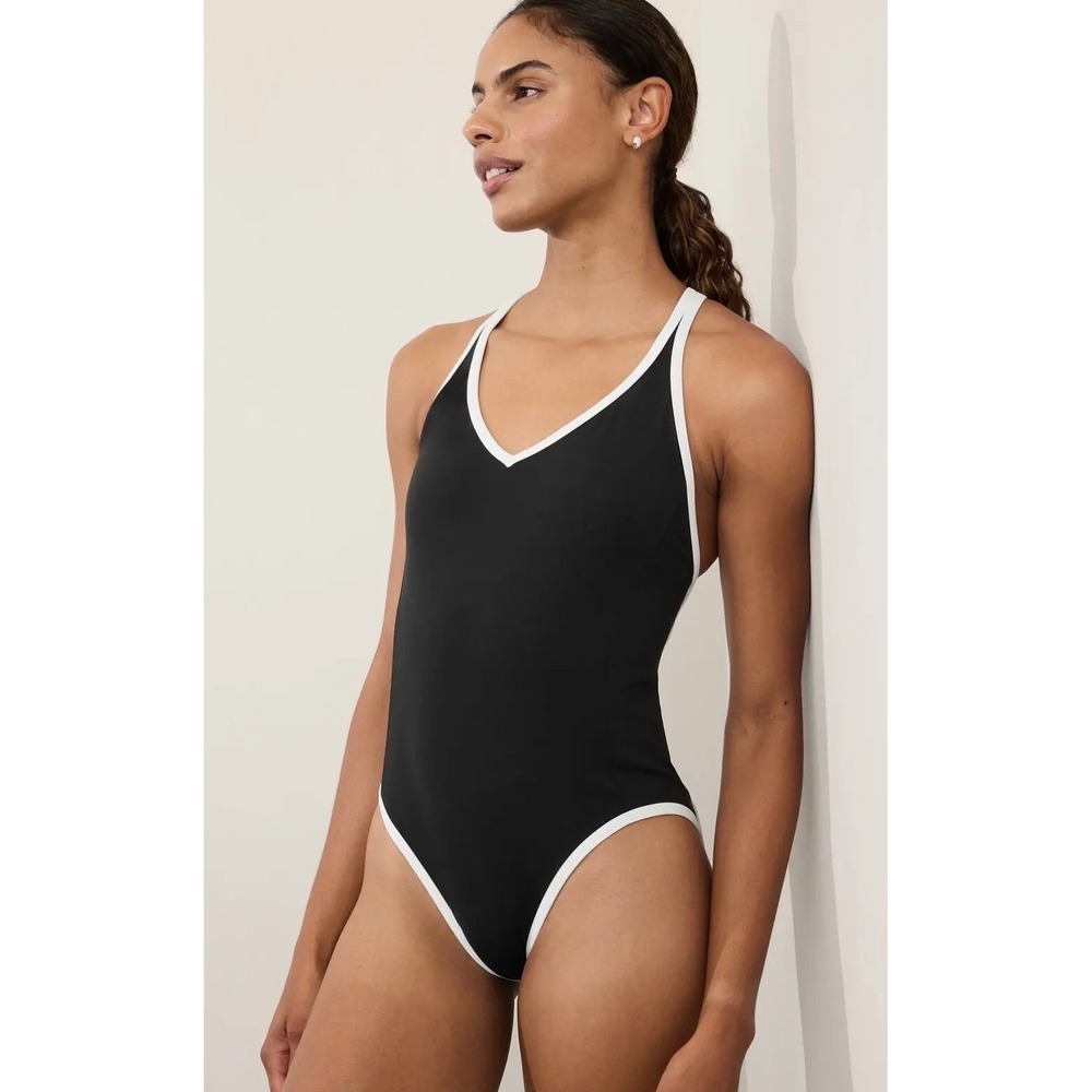 Athleta Swimsuit Women M Black White Criss Cross Back One Piece V-Neck Sporty